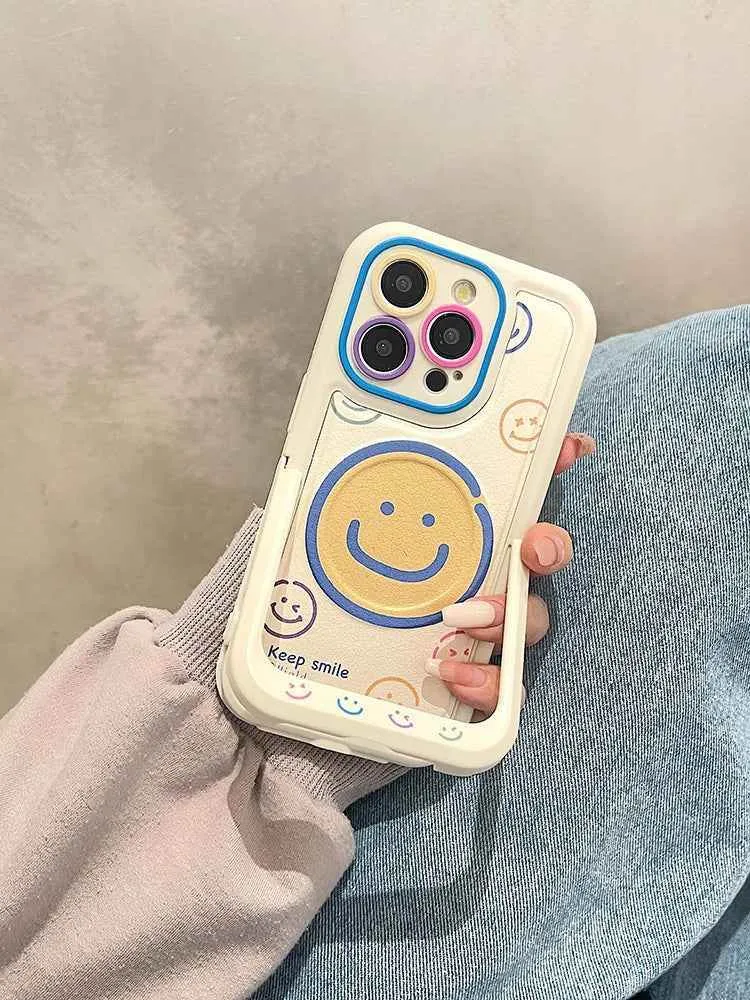 Invisible Bracket Cartoon Smile Leather Cute Phone Case for iPhone 11-15 Pro Max Plus