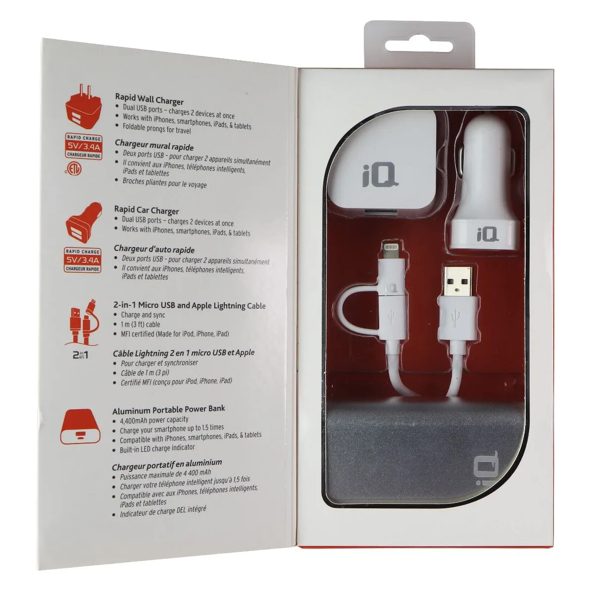 iQ (5V/3.4A) MFi Charging Bundle with Wall, Car, & Bank Chargers - White/Silver