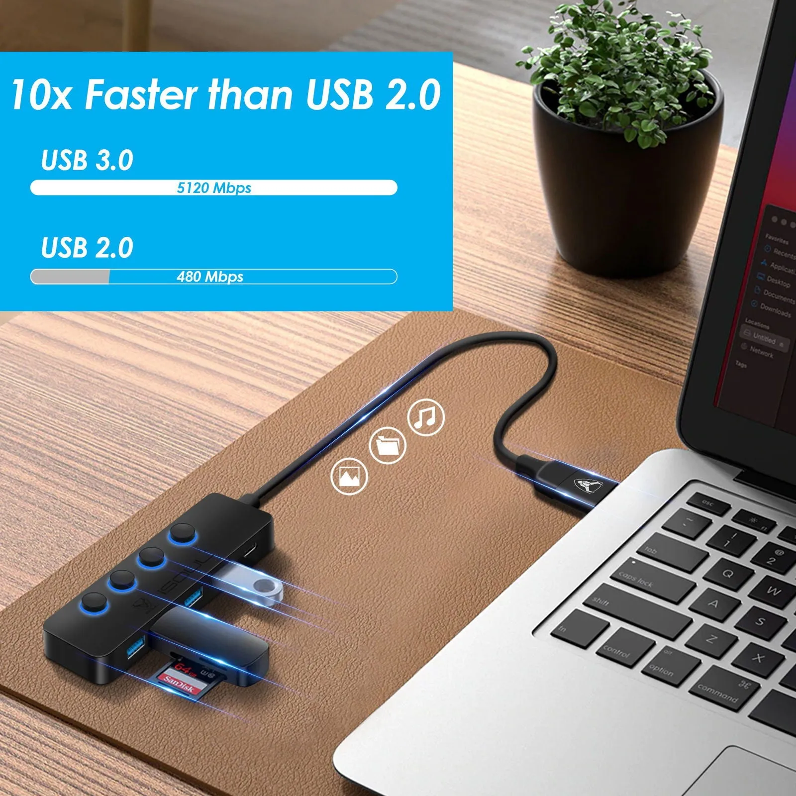 iSOUL 2-in-1 3.0 Hub 4-Port USB Hub Powered with LED Switches USB-C Hub