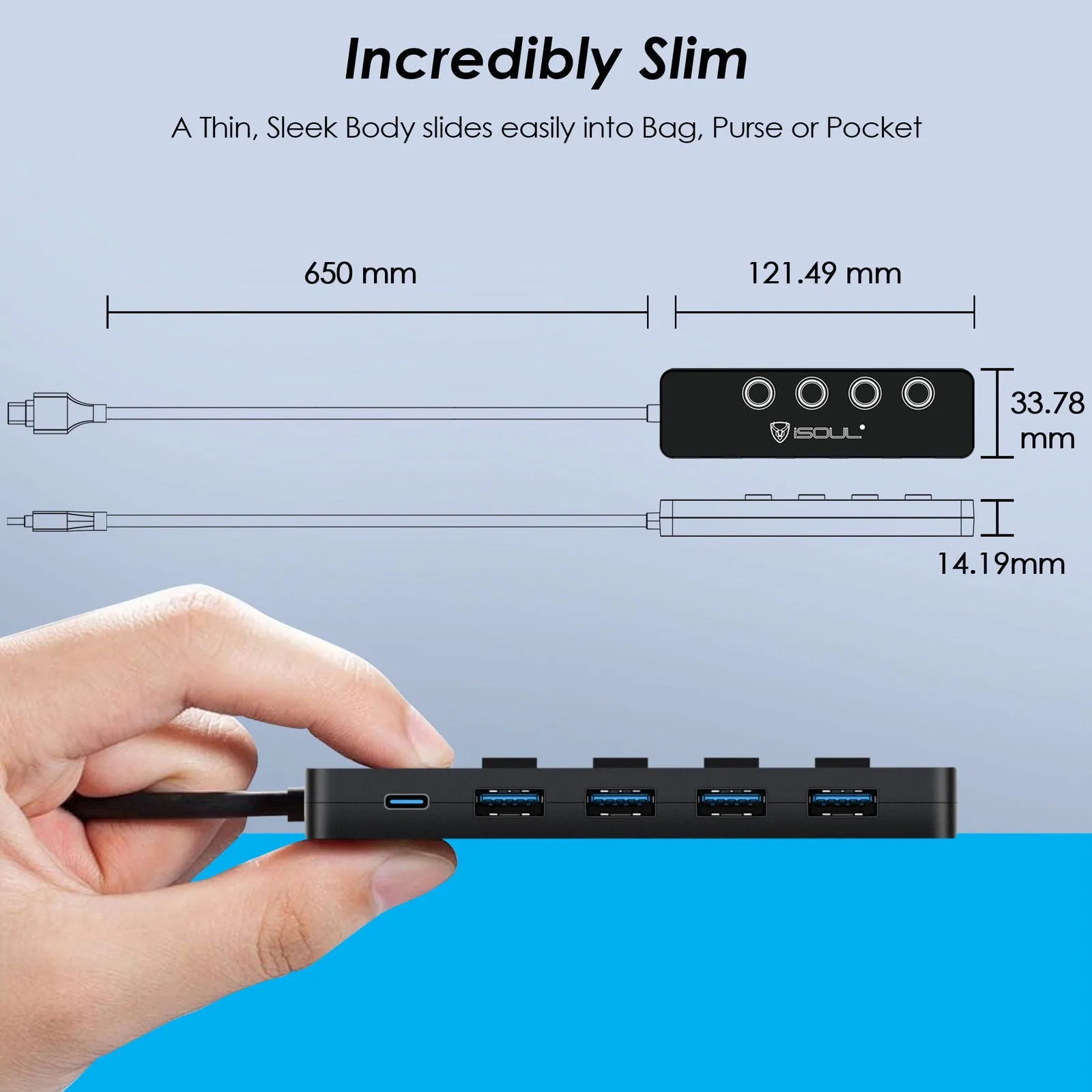 iSOUL 2-in-1 3.0 Hub 4-Port USB Hub Powered with LED Switches USB-C Hub