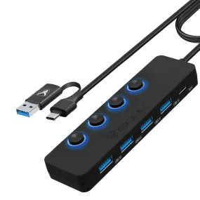 iSOUL 2-in-1 3.0 Hub 4-Port USB Hub Powered with LED Switches USB-C Hub