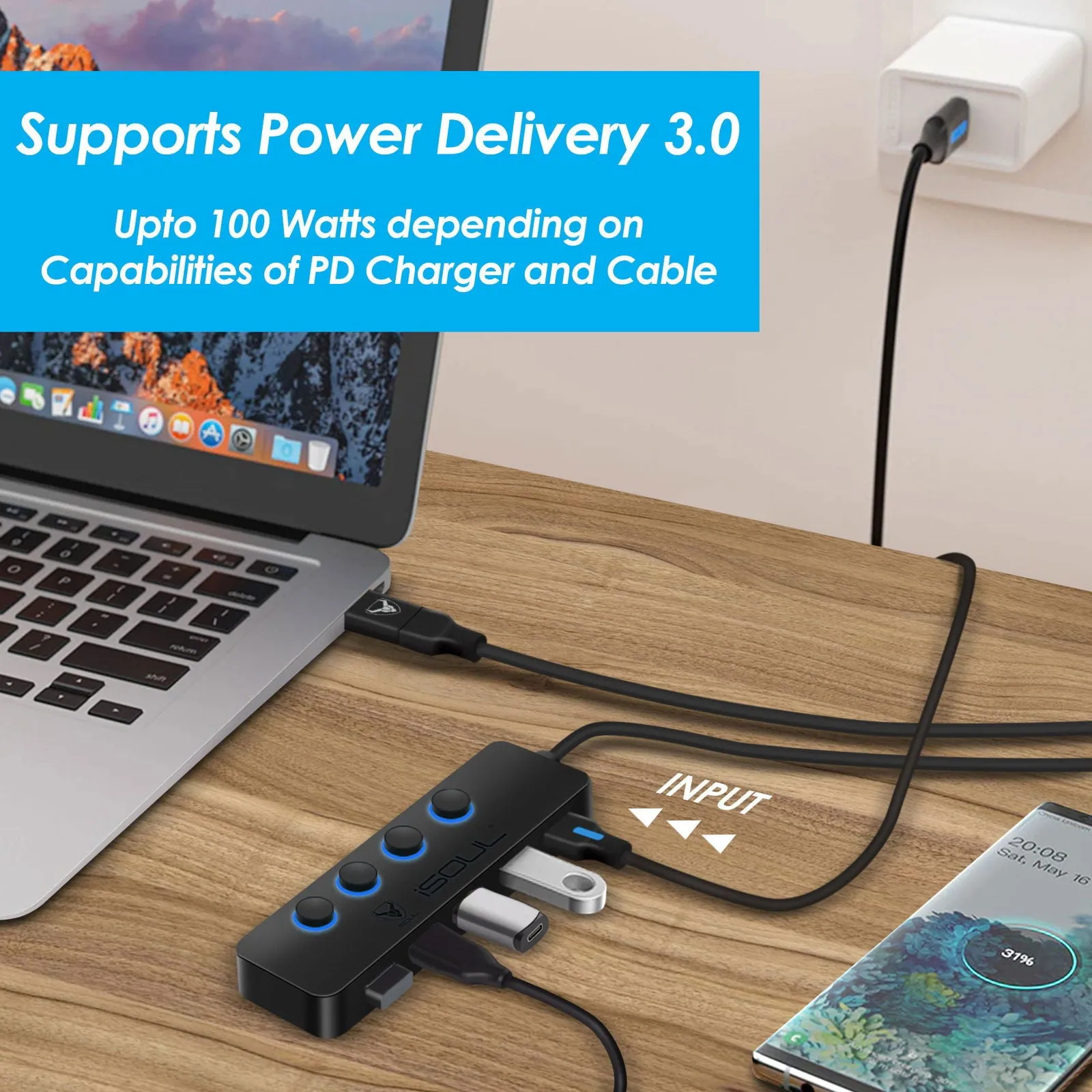 iSOUL 2-in-1 3.0 Hub 4-Port USB Hub Powered with LED Switches USB-C Hub