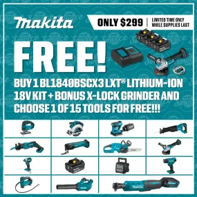 Makita BL1840BSCX3 18V LXT Lithium-Ion Battery and Charger Starter Pack, 3ea. BL1840B, DC18SD, XAG25Z, E-07406 (4.0Ah)   Free Item