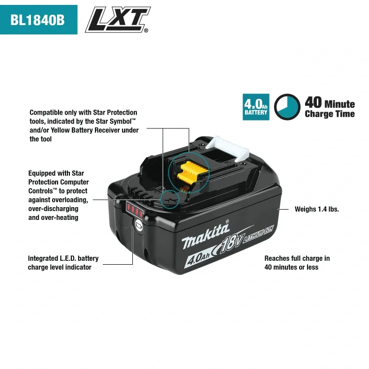 Makita BL1840BSCX3 18V LXT Lithium-Ion Battery and Charger Starter Pack, 3ea. BL1840B, DC18SD, XAG25Z, E-07406 (4.0Ah)   Free Item