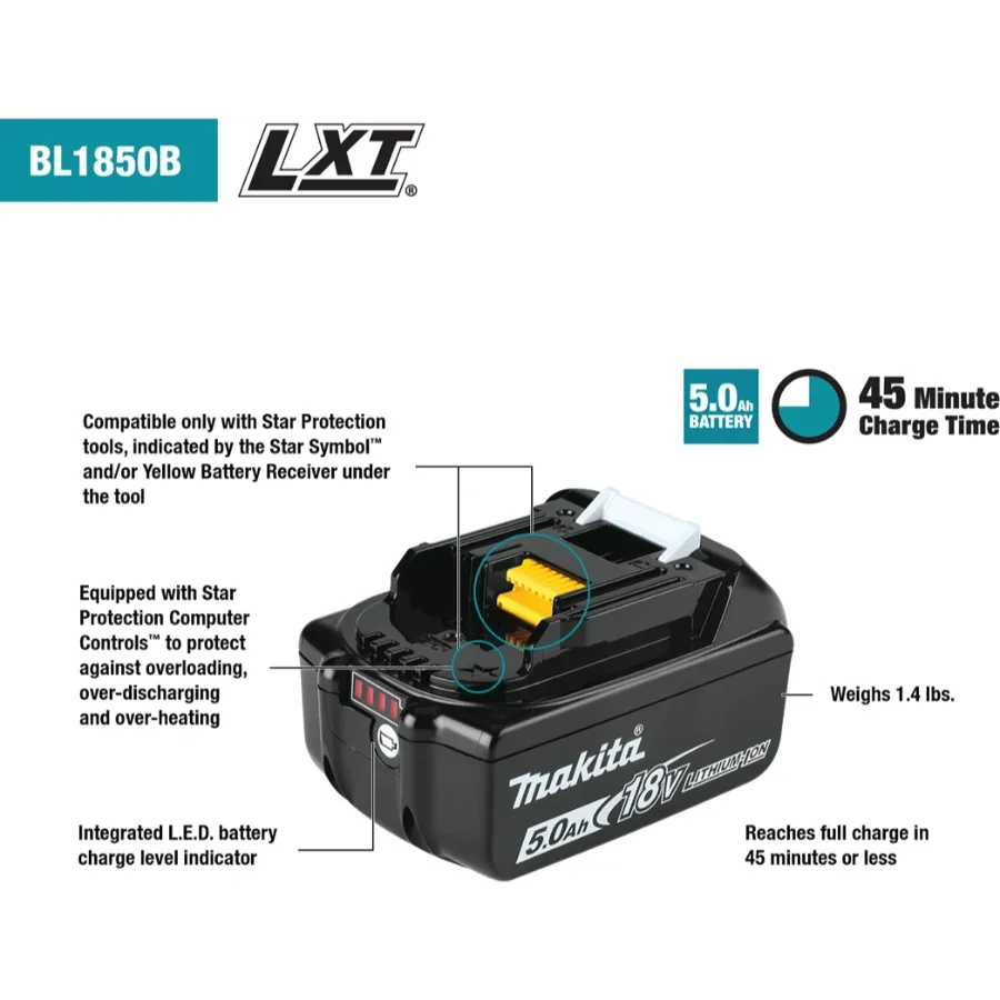 Makita BL1850B-2 18V LXT® Lithium‑Ion 5.0Ah Battery, 2/pk