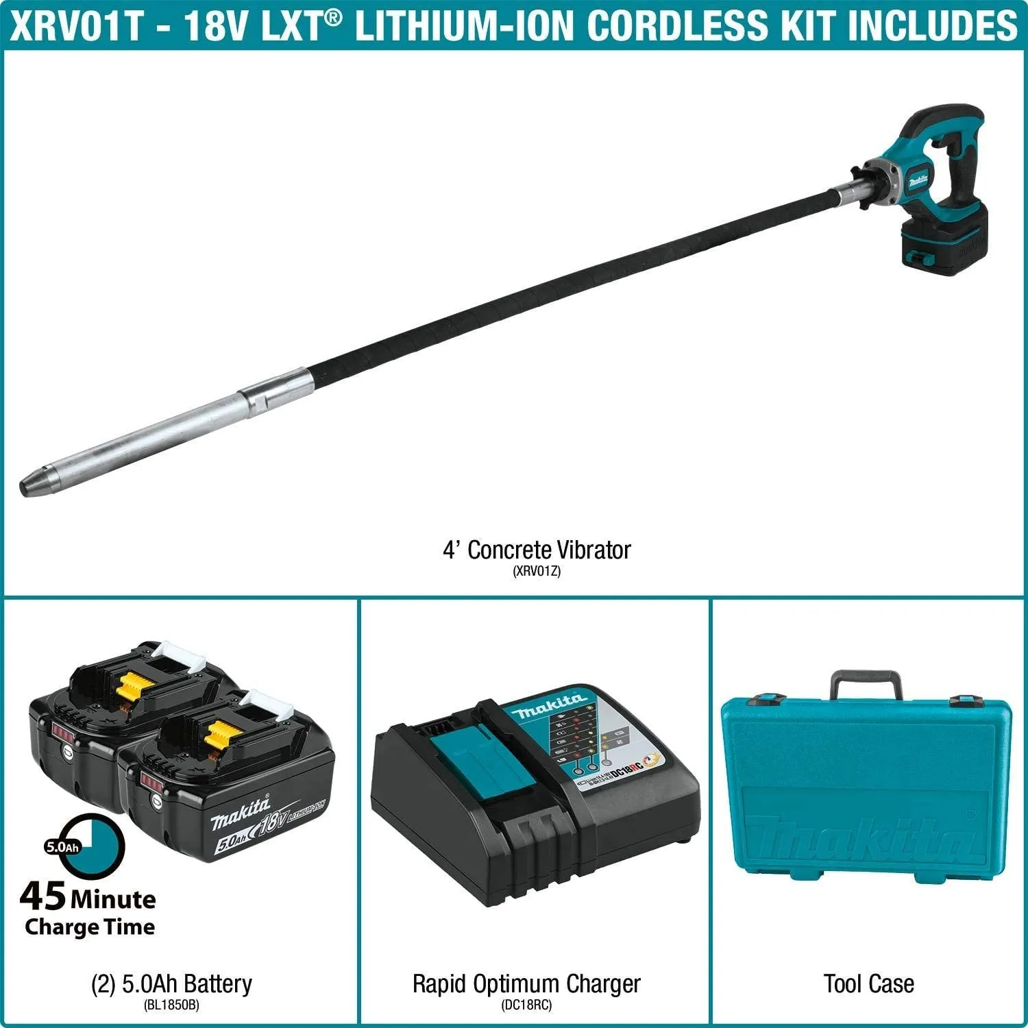 Makita Cordless Concrete Vibrator Kit- 18V LXT w/ 4 Foot Shaft