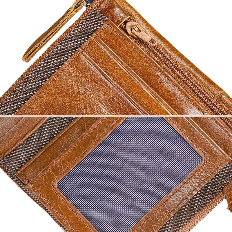 Men Genuine Leather RFID Anti-magnetic Wallet Purse Bifold Double Zipper Coin Purse Card Case