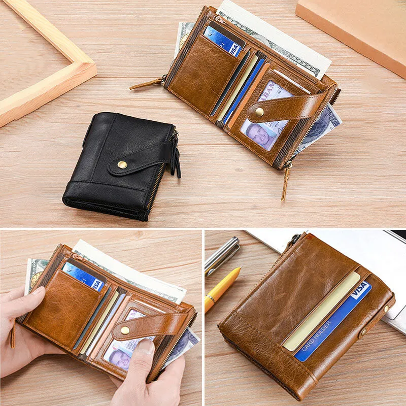 Men Genuine Leather RFID Anti-magnetic Wallet Purse Bifold Double Zipper Coin Purse Card Case