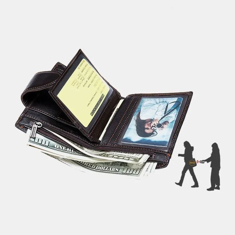 Men Short Large Capacity Bifold Cowhide Wallets RFID Anti-magnetic Multi-card Slot Card Holder Coin Purse