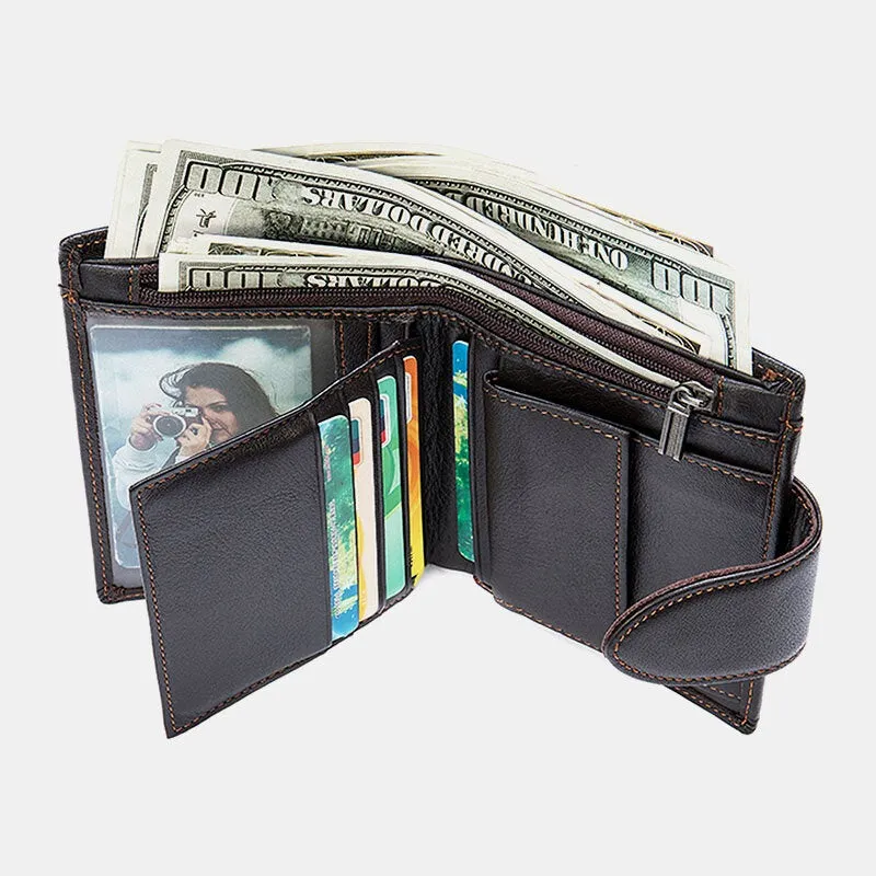 Men Short Large Capacity Bifold Cowhide Wallets RFID Anti-magnetic Multi-card Slot Card Holder Coin Purse