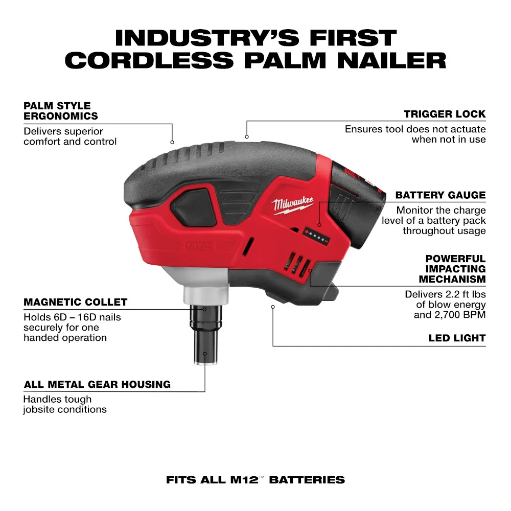 Milwaukee M12 Cordless Lithium-Ion Palm Nailer Kit