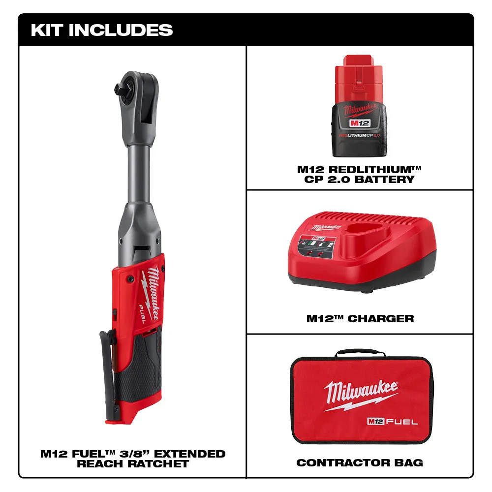 Milwaukee M12 Fuel 3/8" Extended Reach Ratchet 1 Battery Kit