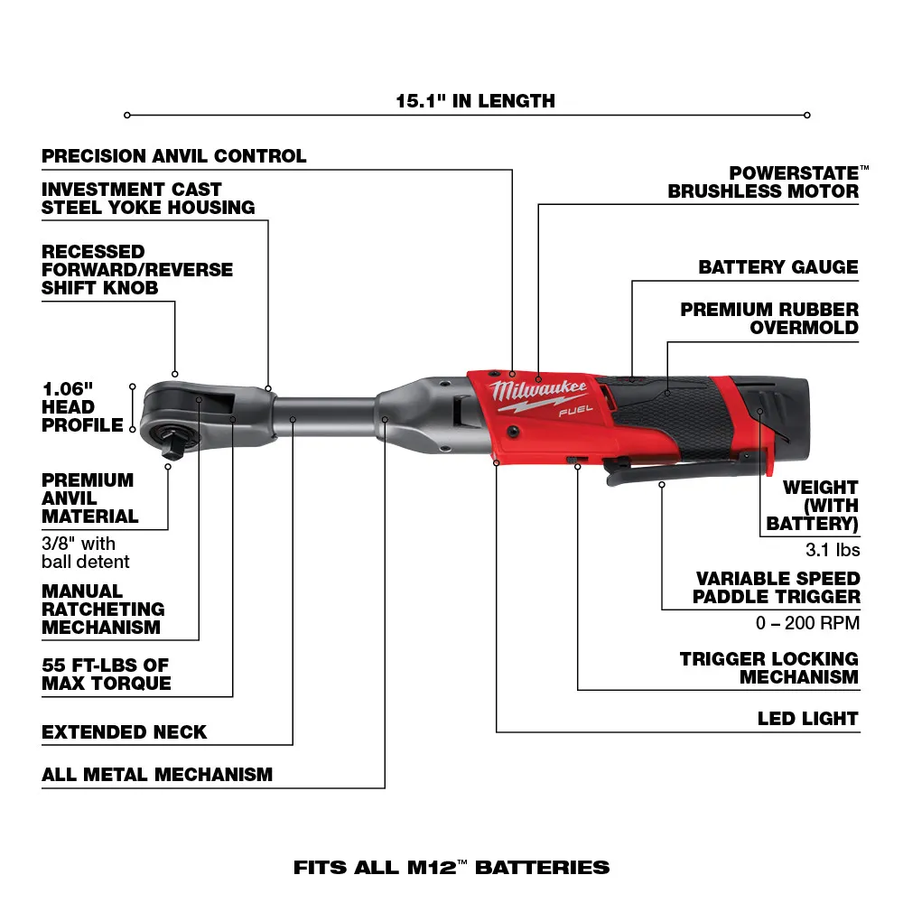 Milwaukee M12 Fuel 3/8" Extended Reach Ratchet 1 Battery Kit