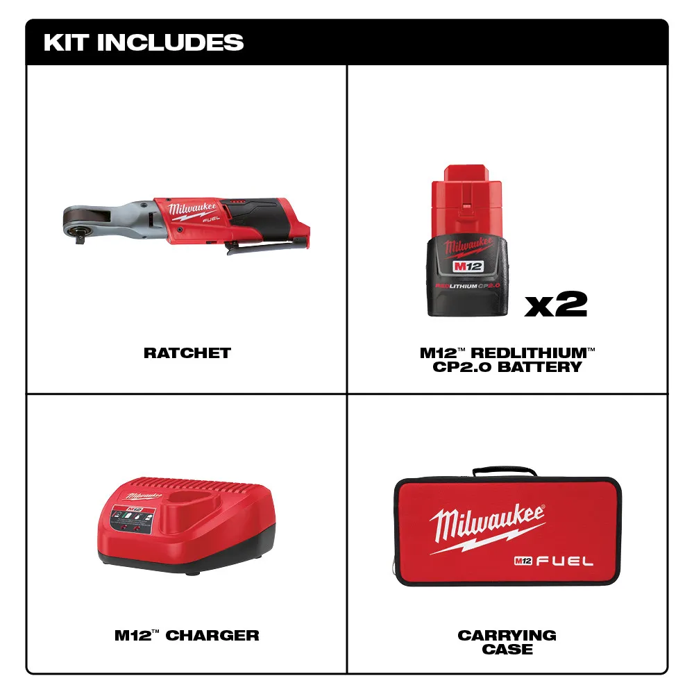 Milwaukee M12 Fuel 3/8" Ratchet 2 Battery Kit