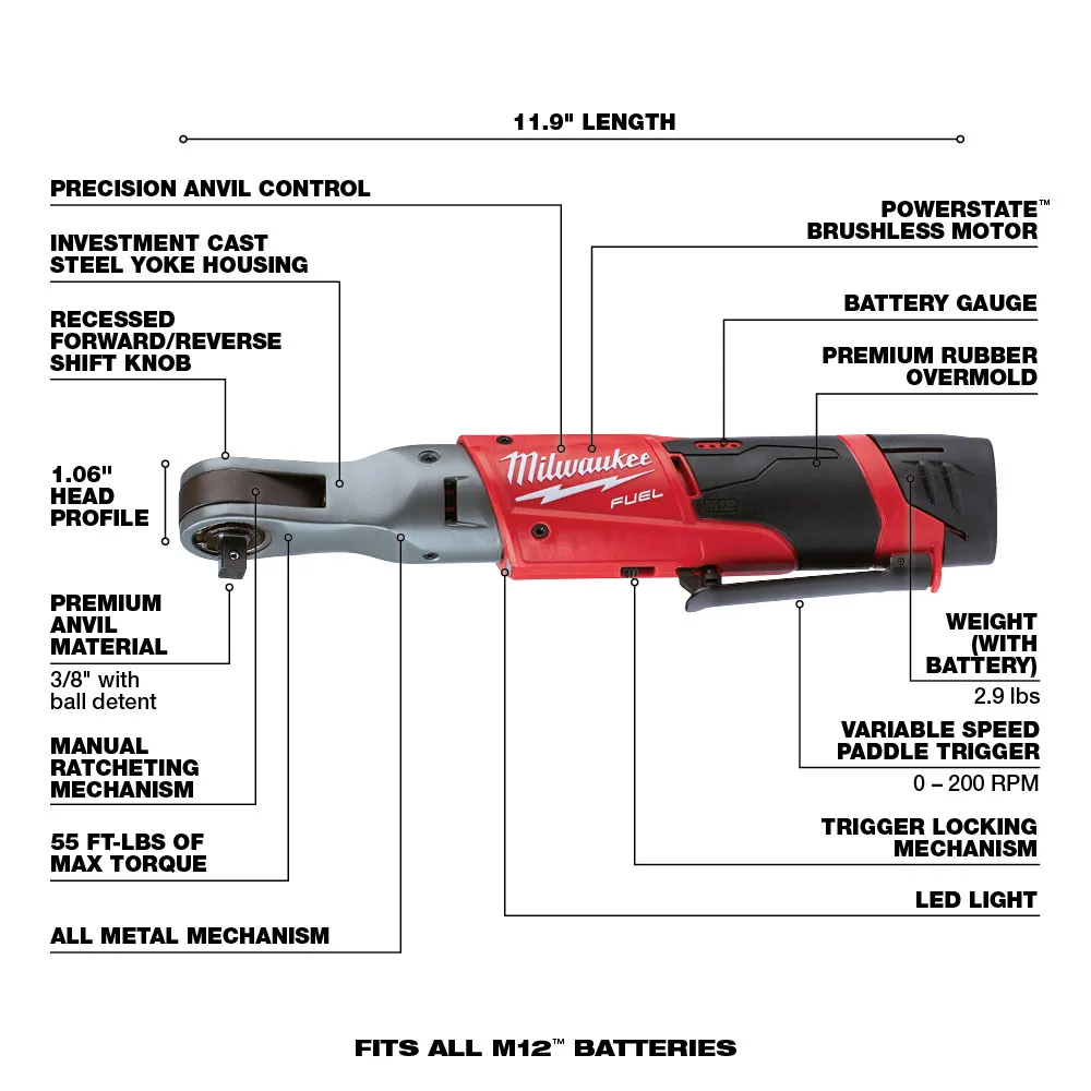 Milwaukee M12 Fuel 3/8" Ratchet 2 Battery Kit