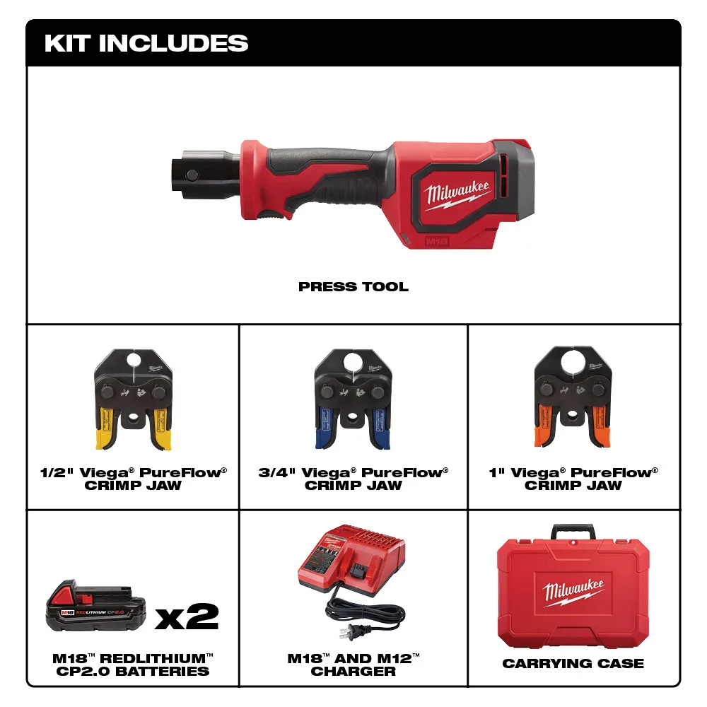 Milwaukee M18 1" Short Throw Press Tool Kit with Viega Pureflow Jaws