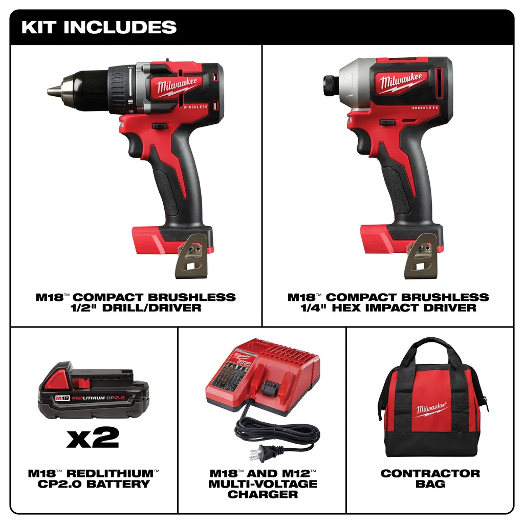 Milwaukee M18 Compact Brushless Drill Driver and Impact Driver Combo Kit