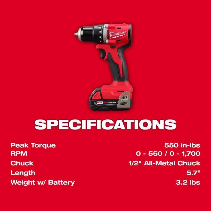 Milwaukee M18 Compact Cordless Brushless 1 Tool Drill and Driver Kit