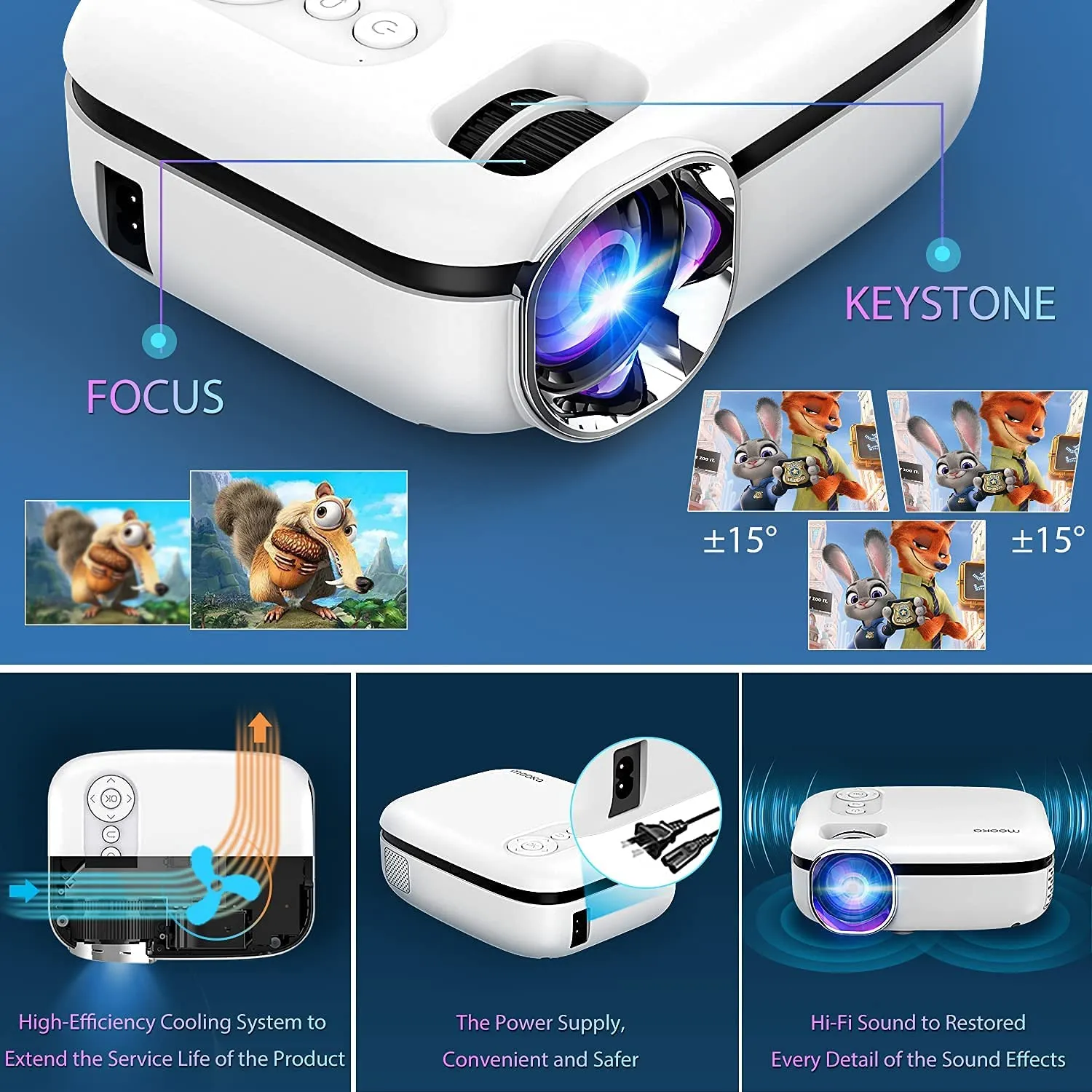 MOOKA RD 823 WiFi Projector, 7500L HD Outdoor Mini Projector, 1080P & 200" Screen Supported