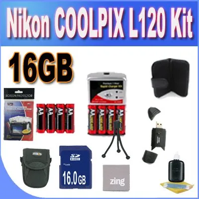 Nikon COOLPIX L120 16GB Accessory Saver Kit (16GB SDHC Memory Card 2 Sets of 4 NIMH Rechargeable AA Batteries  Rapid Battery Charger   Memory Card Wallet  Accessory Kit)