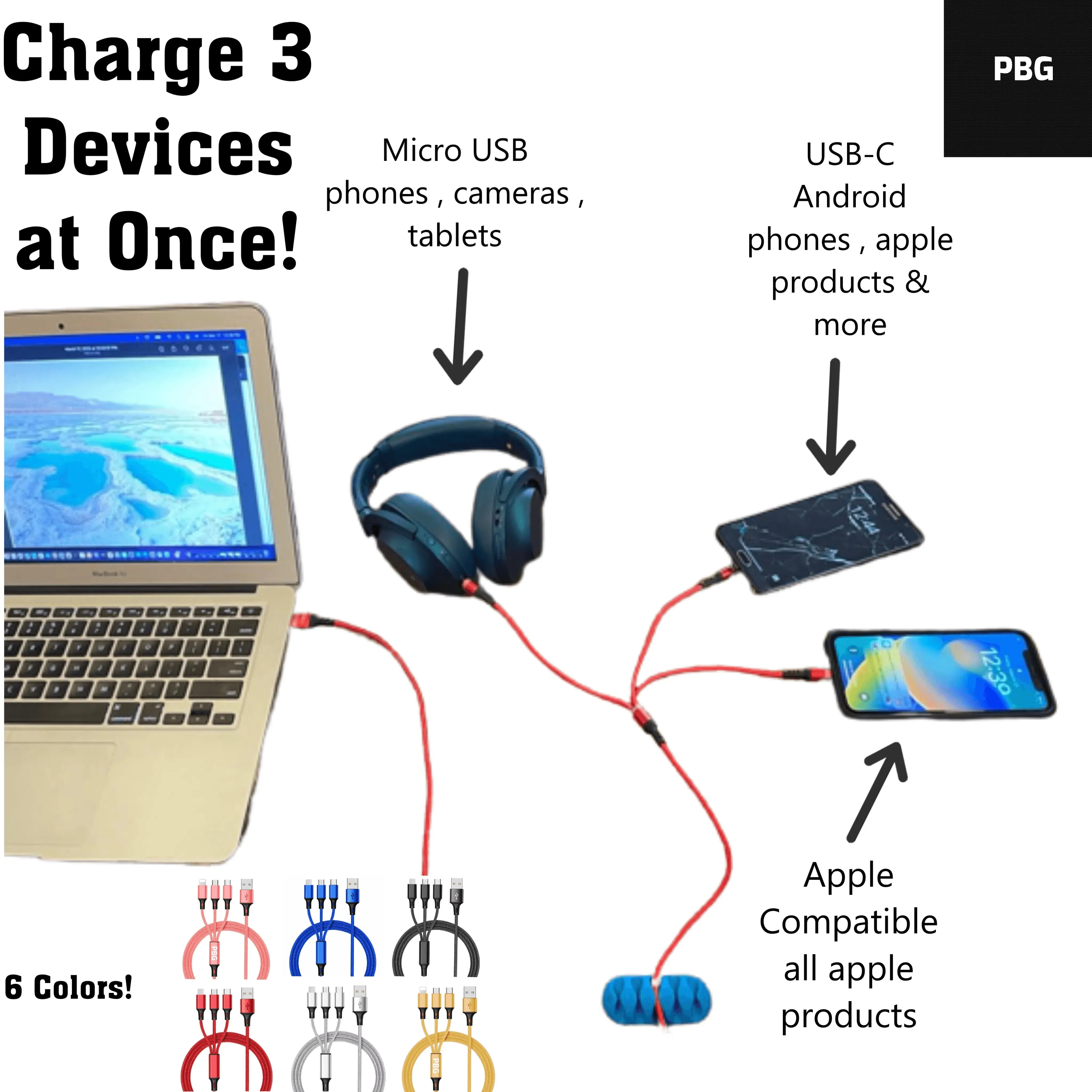 PBG 3-in-1 Fast Charging Cable - Nylon Braided, USB C/Micro USB/iPhone