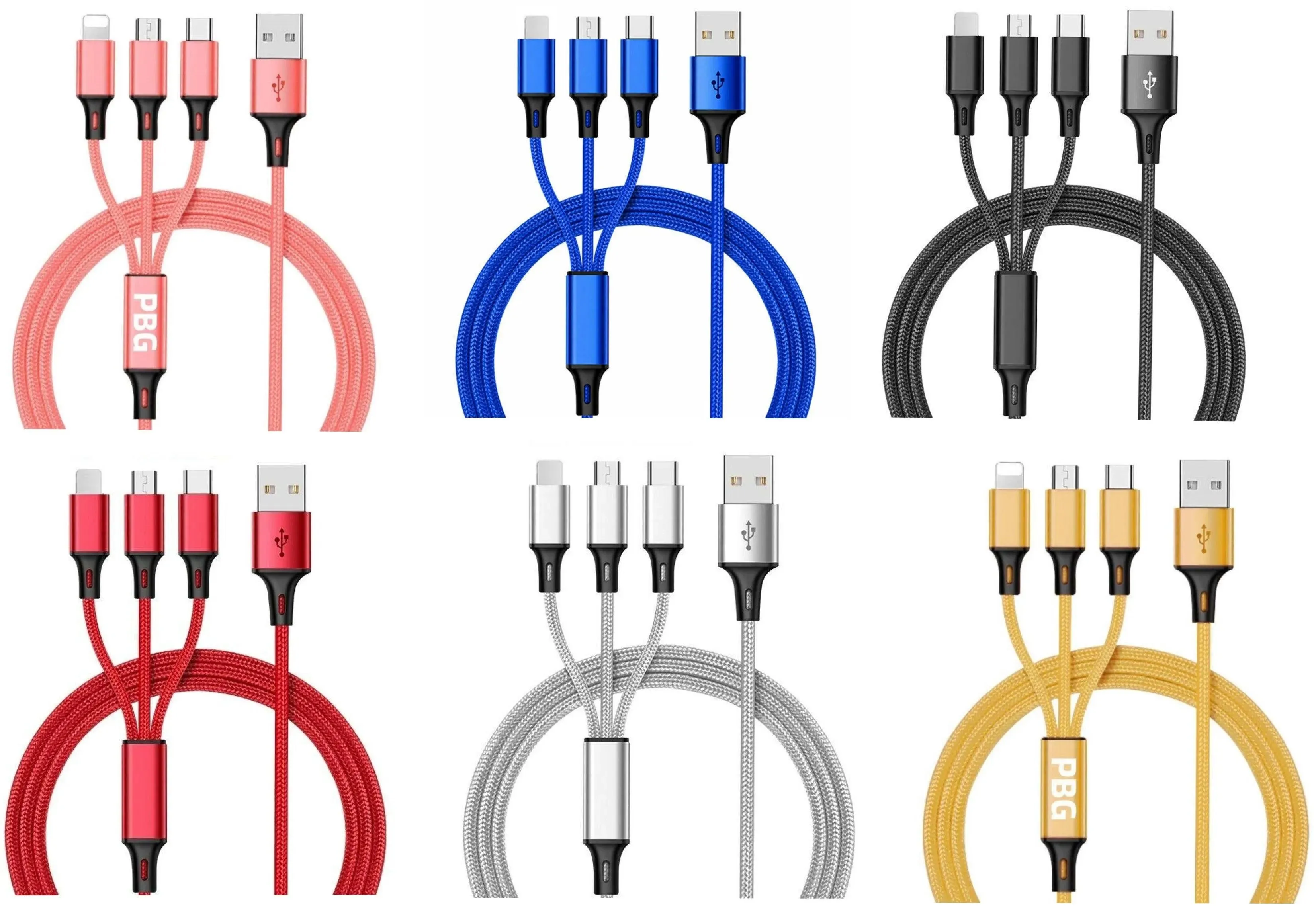 PBG 3-in-1 Fast Charging Cable - Nylon Braided, USB C/Micro USB/iPhone