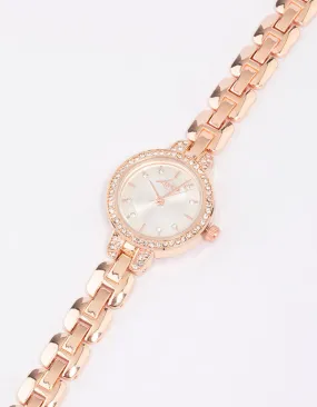 Rose Gold Diamante Small Round Strap Watch