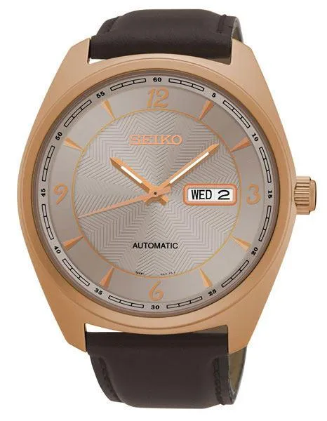 Seiko Mens Recraft Automatic Day/Date Watch - Gray Dial - Rose-Tone - Leather