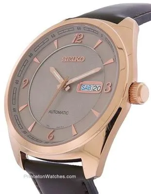 Seiko Mens Recraft Automatic Day/Date Watch - Gray Dial - Rose-Tone - Leather