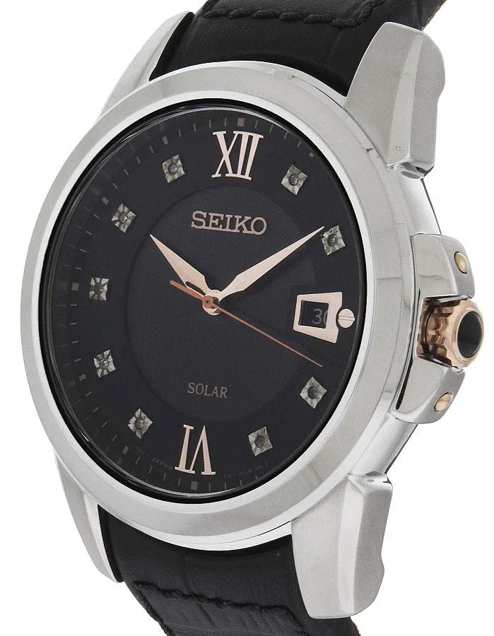 Seiko Solar Mens 9 Diamond Le Grand Sport - Black Dial & Leather Strap