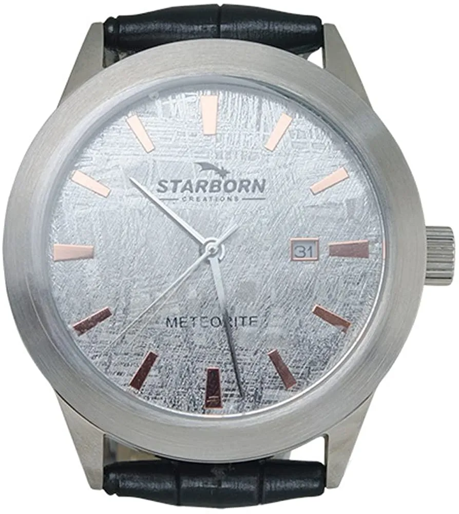 Starborn Creations Genuine Muonionalusta Meteorite Watch with Black Leather Band