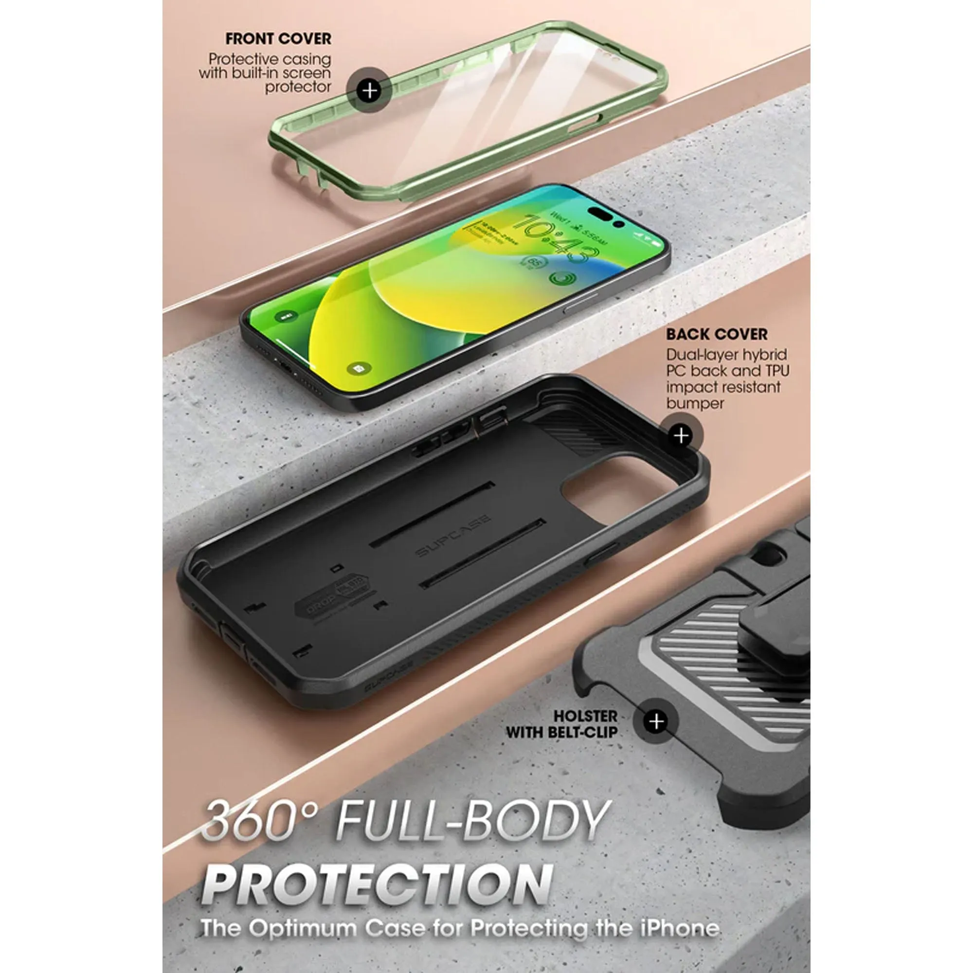 Supcase Unicorn Beetle UB PRO for iPhone 14 Pro - Rugged Case with Built-In Screen Protector - Dark Green