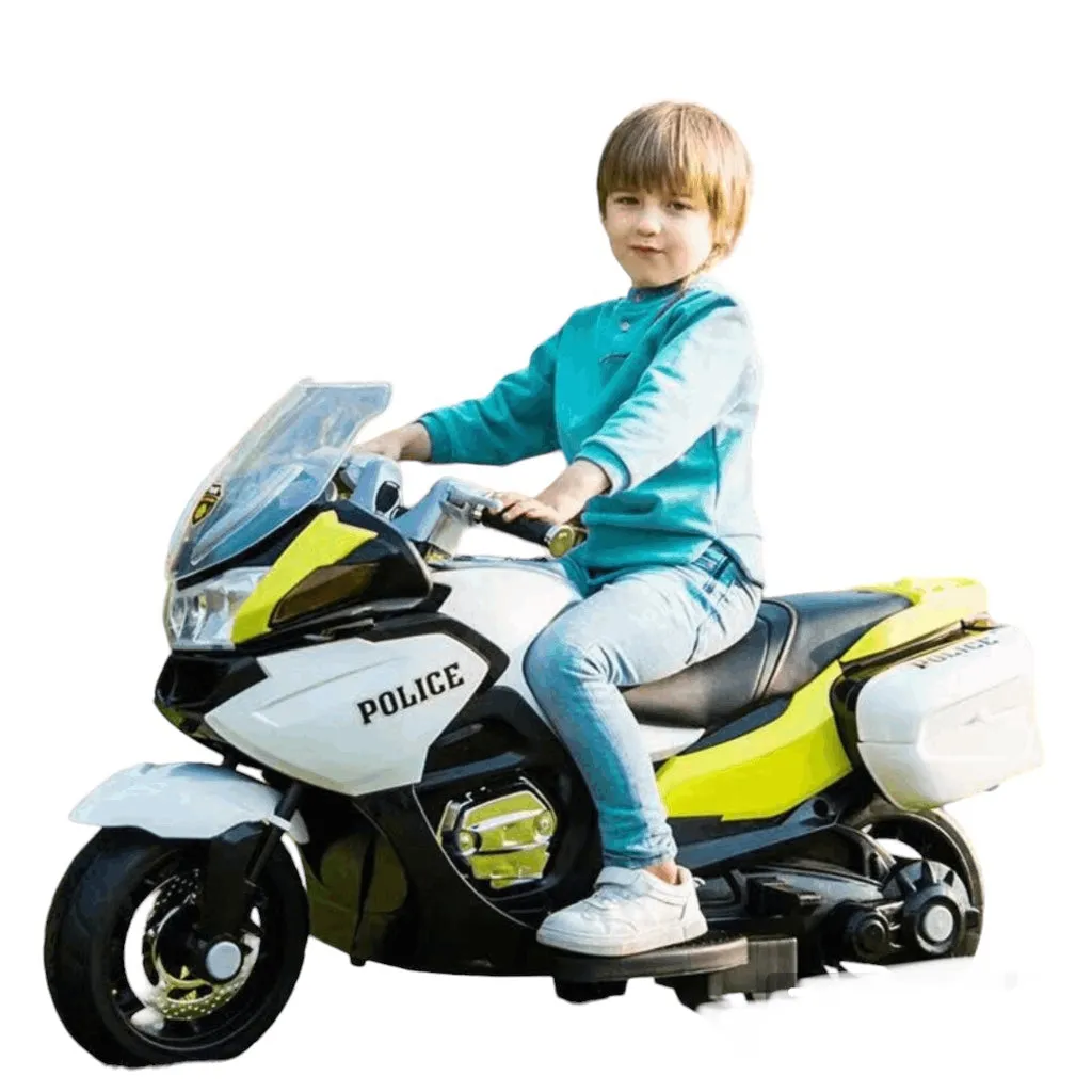 Super Cool 2025 Upgraded 24V Police Ride-On Motorcycle w/ Removable Stabilizing Wheels | Leather Seat | Rubber Tires