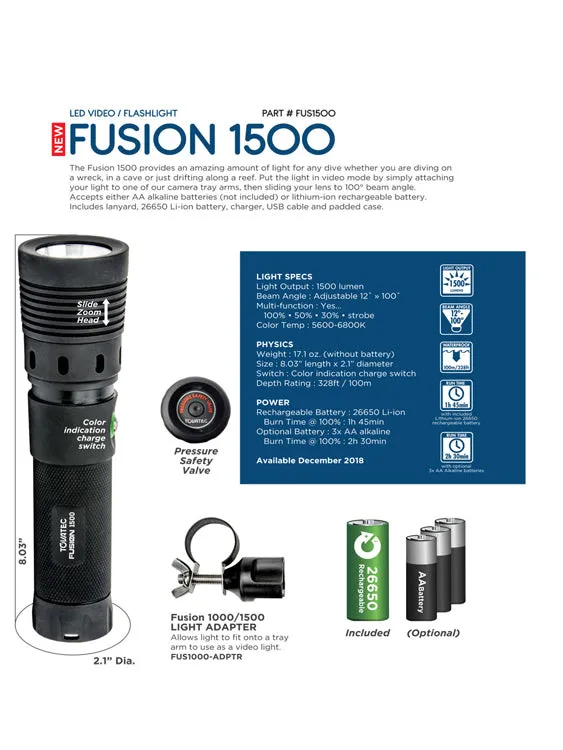 Tovatec Fusion 1500 Rechargeable Dive Torch (1500 Lumen)