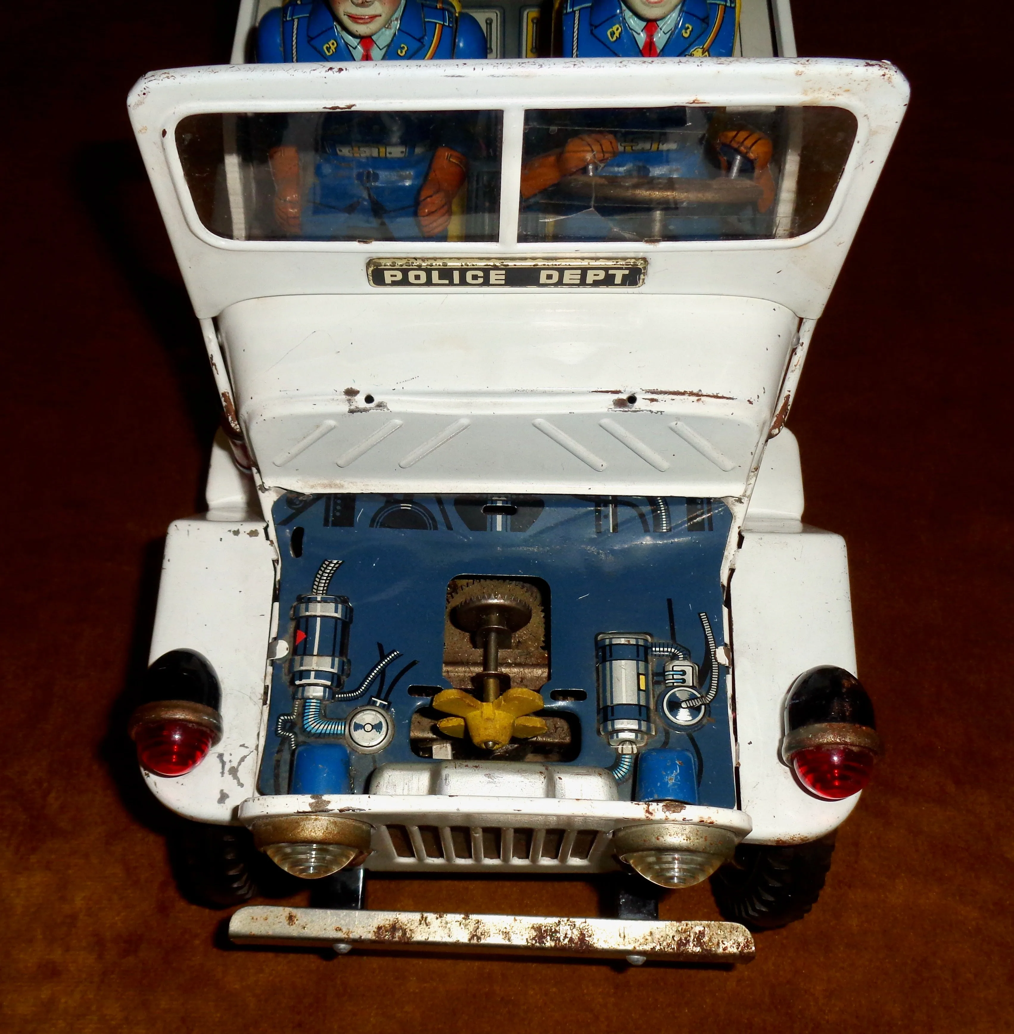 Vintage Tinplate TN Tomura Battery Operated Police Jeep Made in Japan