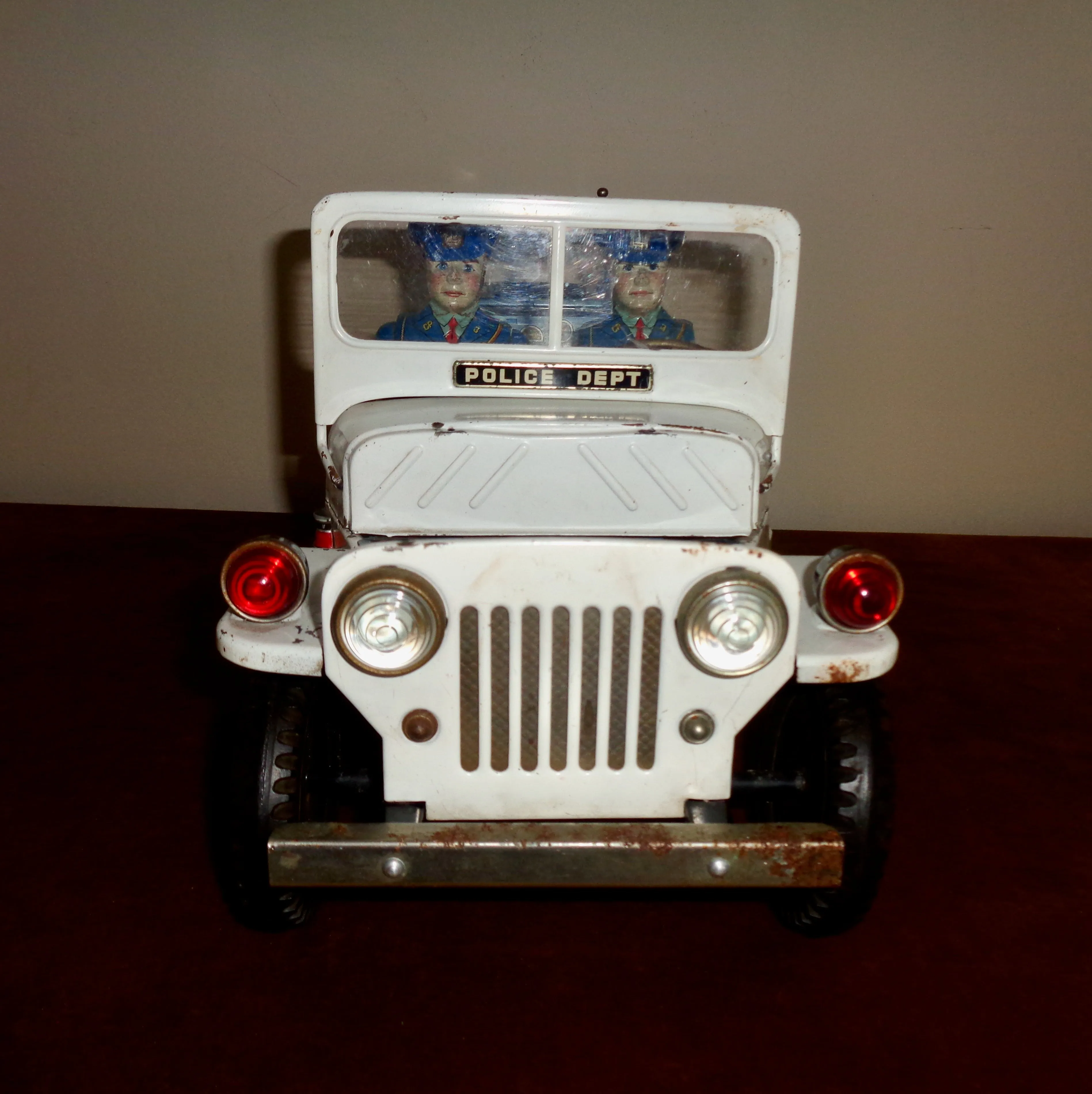 Vintage Tinplate TN Tomura Battery Operated Police Jeep Made in Japan