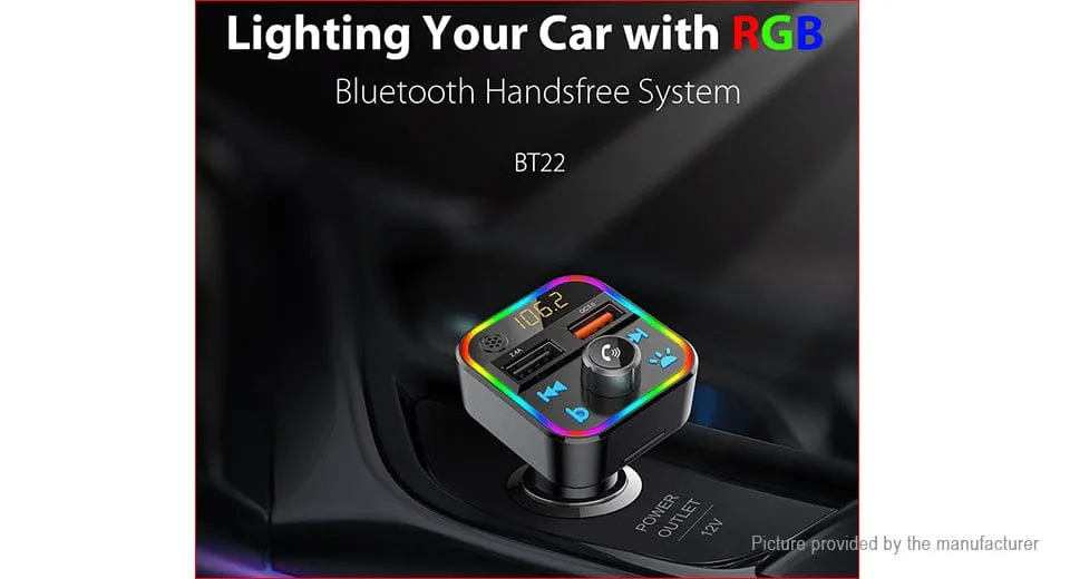 Wireless Music Stream Car Charger Bluetooth FM Transmitter with RGB Dancing light. This device releases stream music and call directly from your Bluetooth device to your car’s FM stereo system-NP-9951QUBTL