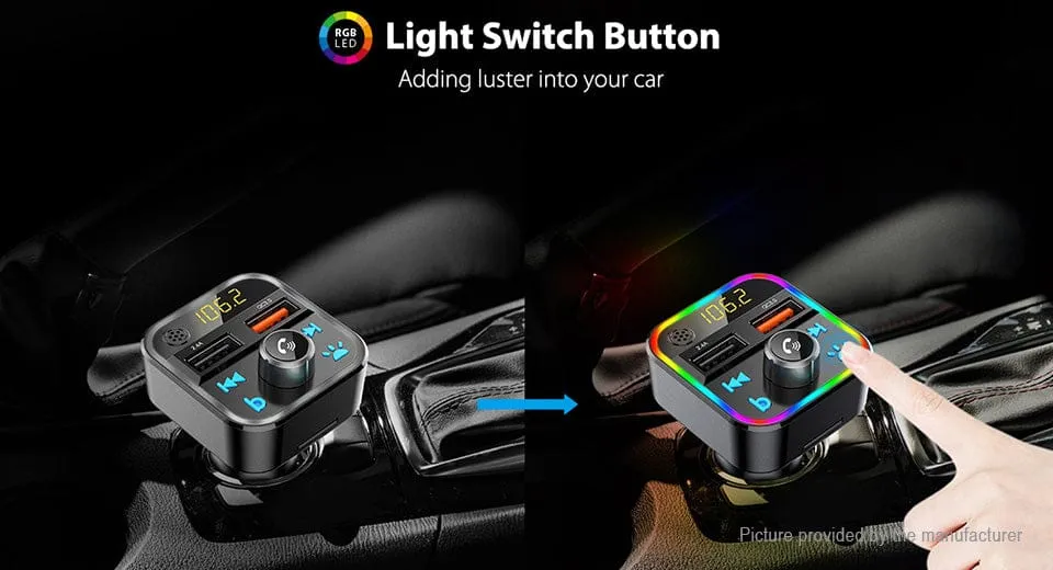 Wireless Music Stream Car Charger Bluetooth FM Transmitter with RGB Dancing light. This device releases stream music and call directly from your Bluetooth device to your car’s FM stereo system-NP-9951QUBTL