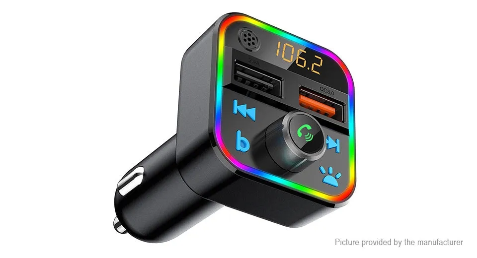 Wireless Music Stream Car Charger Bluetooth FM Transmitter with RGB Dancing light. This device releases stream music and call directly from your Bluetooth device to your car’s FM stereo system-NP-9951QUBTL