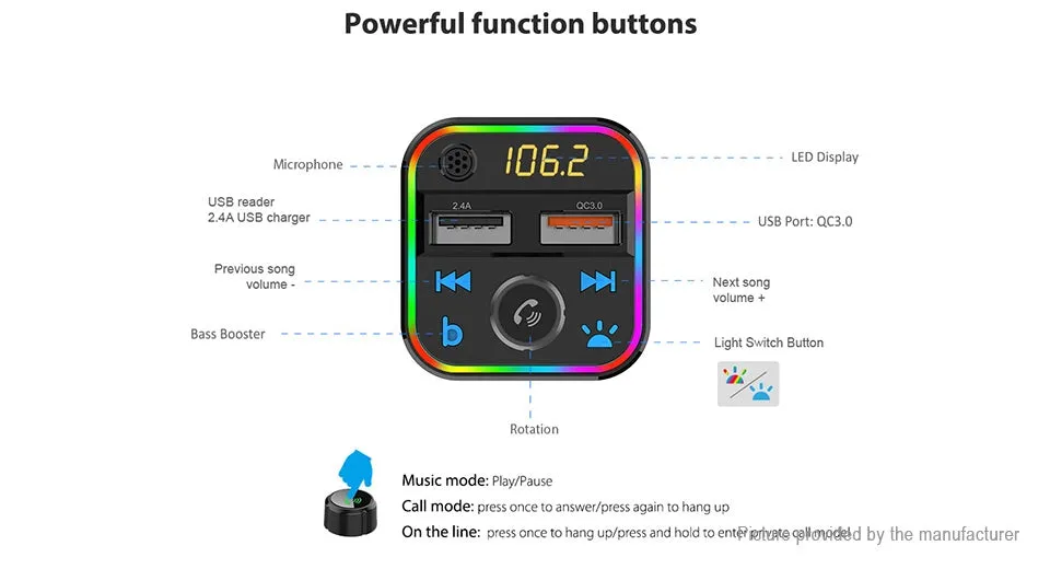 Wireless Music Stream Car Charger Bluetooth FM Transmitter with RGB Dancing light. This device releases stream music and call directly from your Bluetooth device to your car’s FM stereo system-NP-9951QUBTL