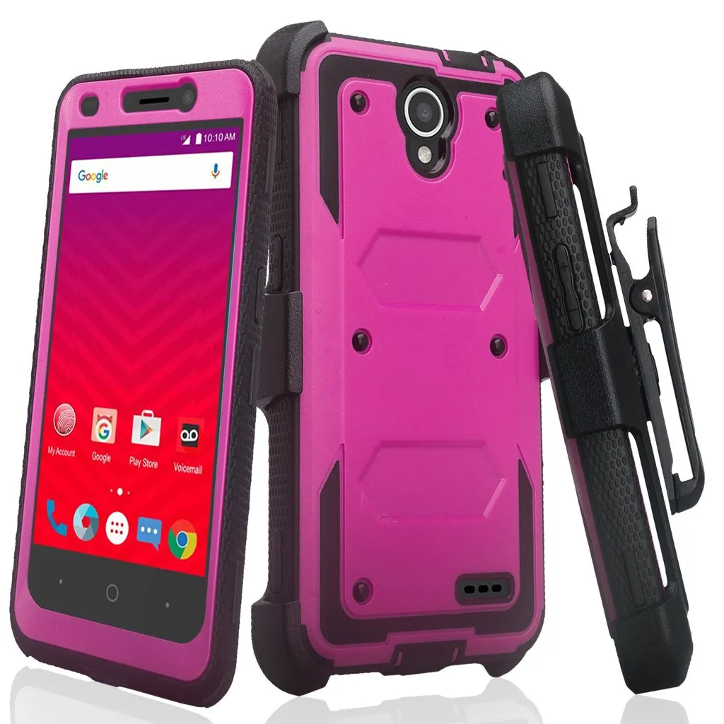 ZTE Prestige 2, Overture 3, Maven 3, Prelude Plus, ZTE 9136, Midnight Pro, Rugged Full-Body, Built-in Screen Protector, Heavy Duty Holster Combo Case Cover - Purple