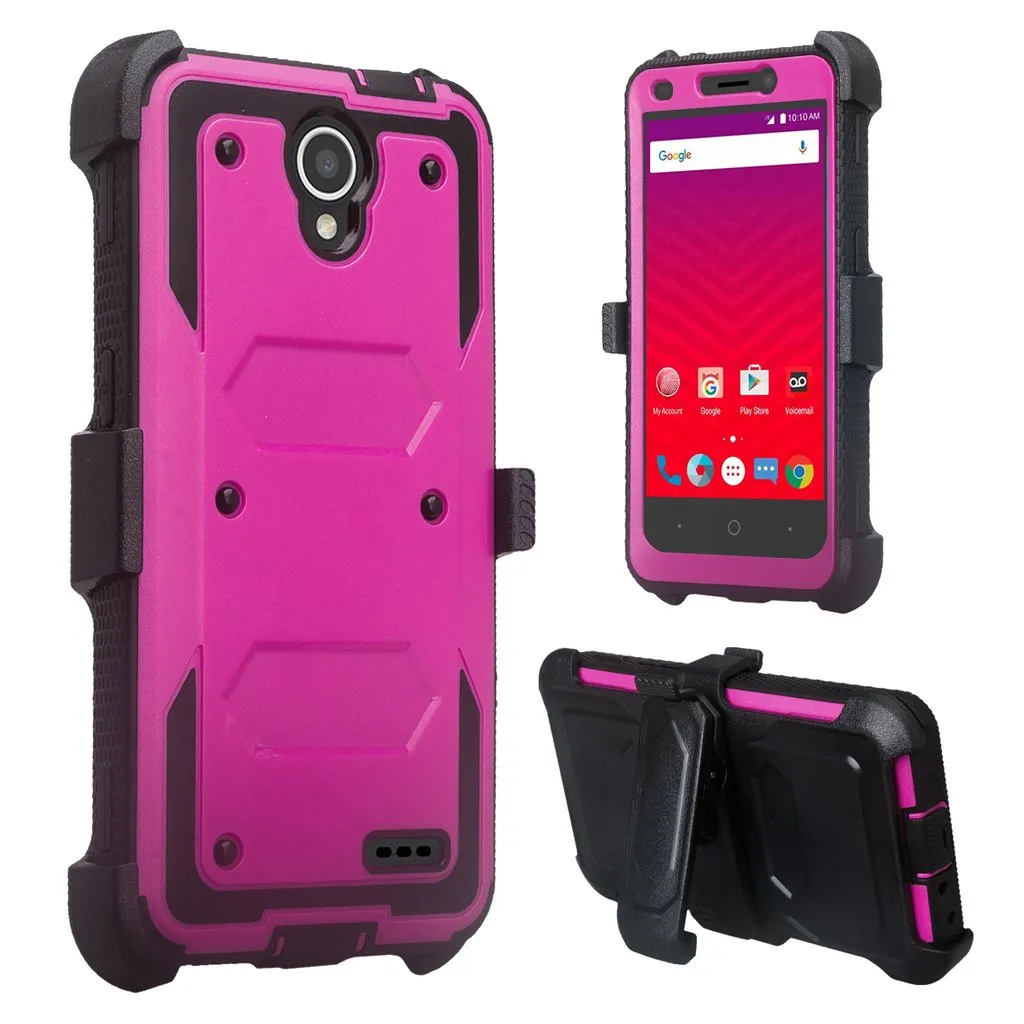 ZTE Prestige 2, Overture 3, Maven 3, Prelude Plus, ZTE 9136, Midnight Pro, Rugged Full-Body, Built-in Screen Protector, Heavy Duty Holster Combo Case Cover - Purple