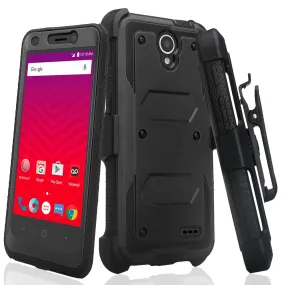 ZTE Prestige Case, Sonata 3, ZTE Avid Plus, ZTE Avid Trio, ZFive 2, Midnight Pro, Maven 2, Cheers, Rugged [Built-in Screen Protector] Heavy Duty Holster Shell Combo Case Cover - Black