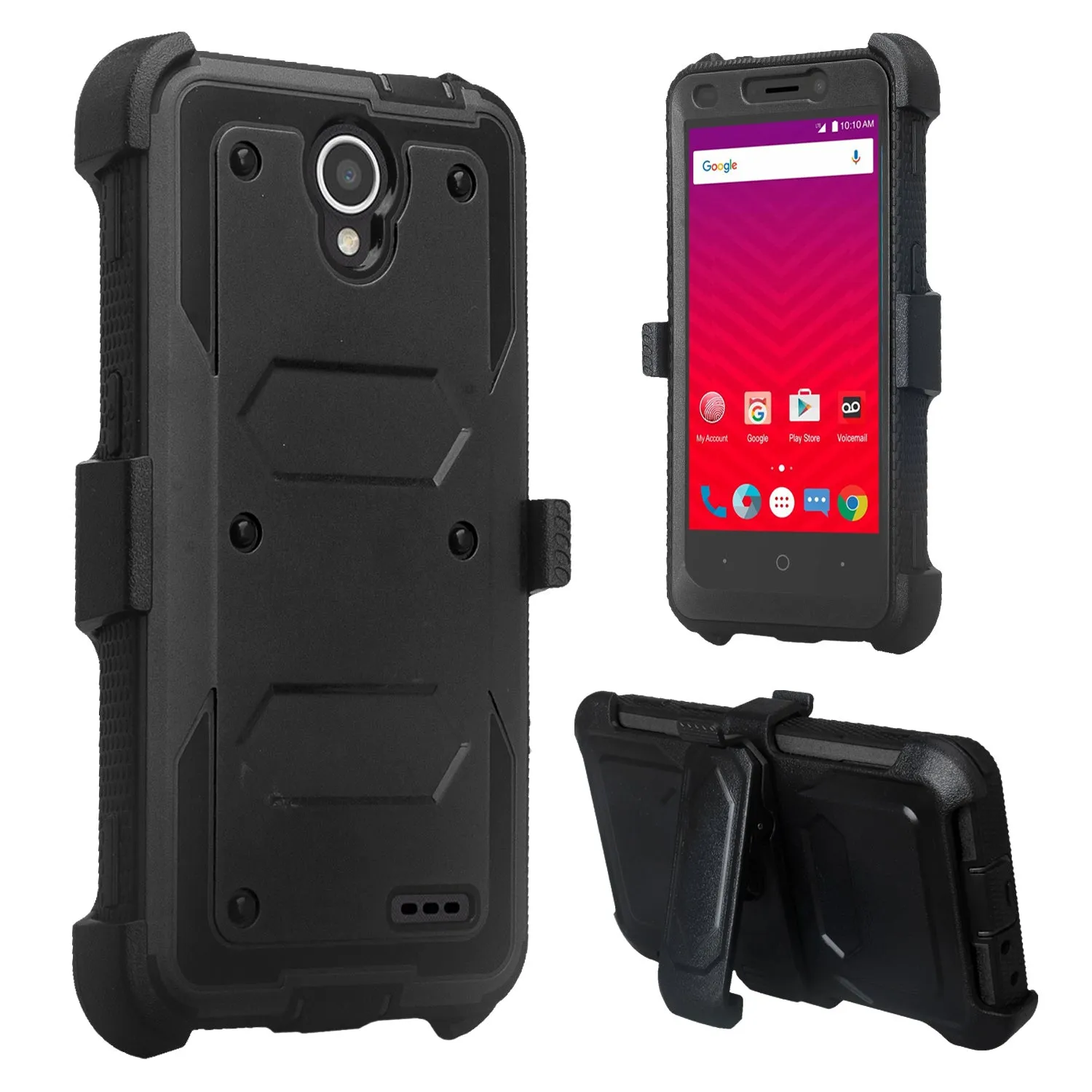 ZTE Prestige Case, Sonata 3, ZTE Avid Plus, ZTE Avid Trio, ZFive 2, Midnight Pro, Maven 2, Cheers, Rugged [Built-in Screen Protector] Heavy Duty Holster Shell Combo Case Cover - Black